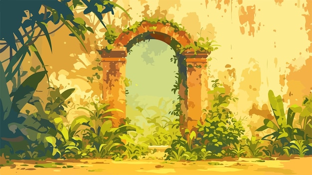 a painting of a garden with a door that says  the word  on it