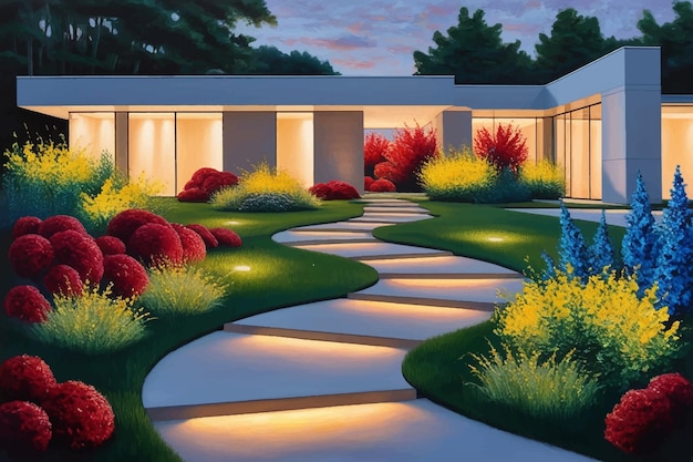 Vector a painting of a garden with a fountain and a garden modern house with white plaster with a balcony