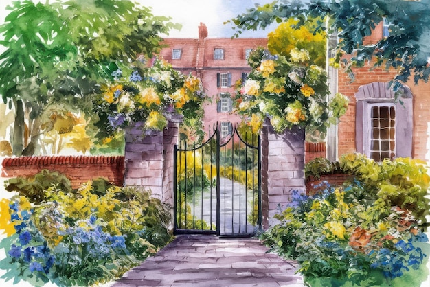 Vector a painting of a garden with a gate that says the house