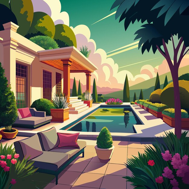 a painting of a garden with a pool and a pool