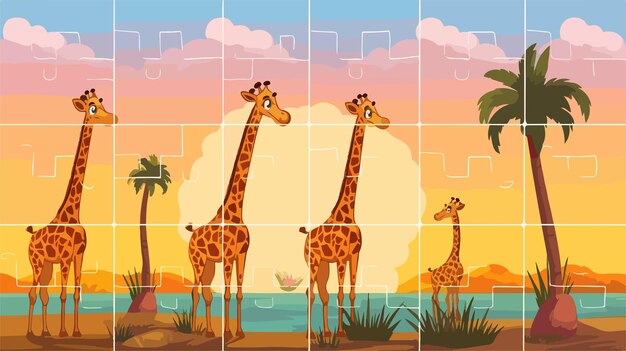 Vector a painting of giraffes and palm trees with a sunset in the background