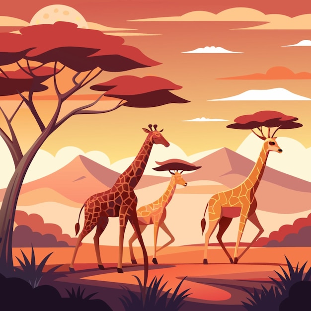 Vector a painting of giraffes and trees with mountains in the background