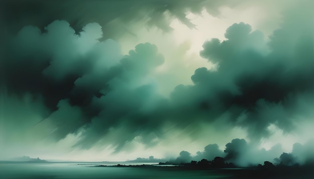 Vector a painting of a green sky with fluffy clouds and a dark shoreline creating a moody and atmospheric scene