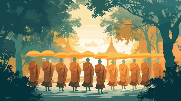 Vector a painting of a group of monks in front of a sunset