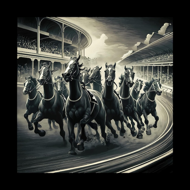 a painting of horses running in a stadium with a sky background