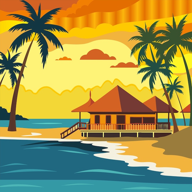 a painting of a house on a beach with palm trees