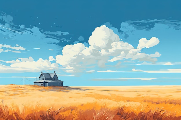 a painting of a house in a field with a sky background