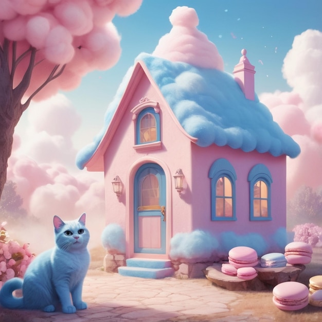 a painting of a house with a cat and a pink house with the words  blue  on it