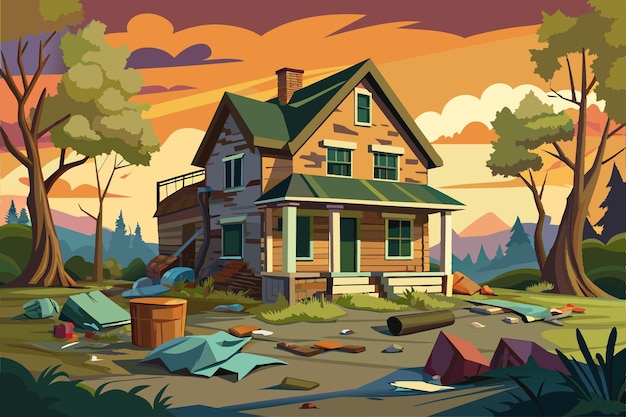 a painting of a house with a fire hydrant in the foreground