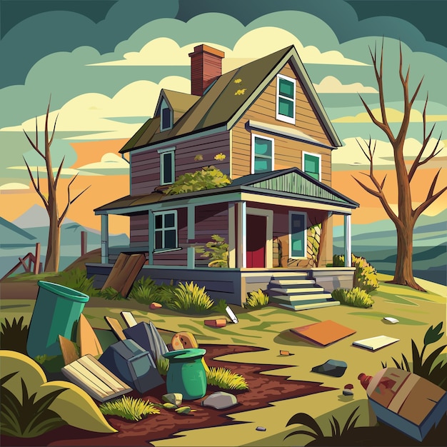 a painting of a house with a lot of trash and a sign that says quot the house quot