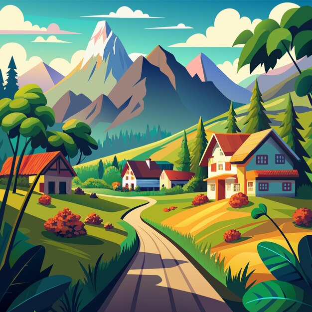 Vector a painting of a house with mountains in the background