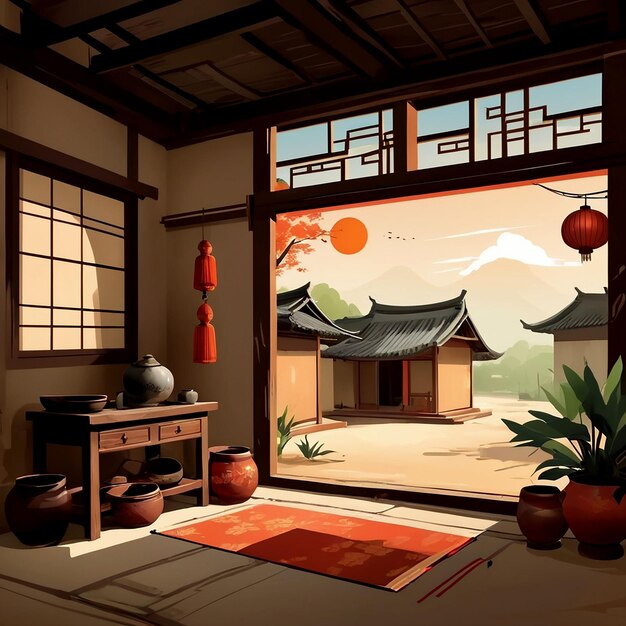 Vector a painting of a house with a red lantern on the wall