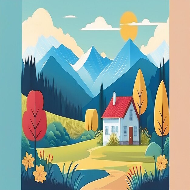 a painting of a house with a red roof and a blue sky with a mountain in the background