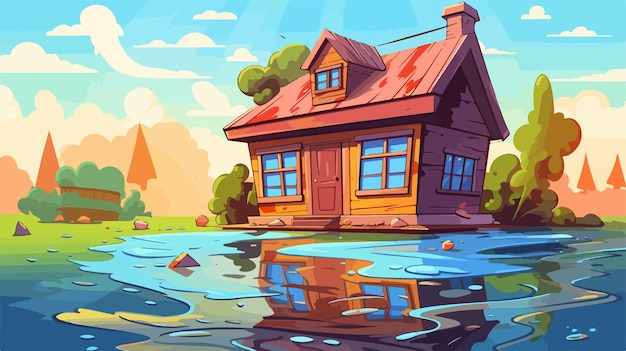 a painting of a house with a reflection of the house on the water