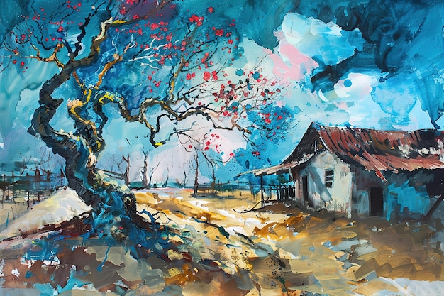 a painting of a house with a tree in the background