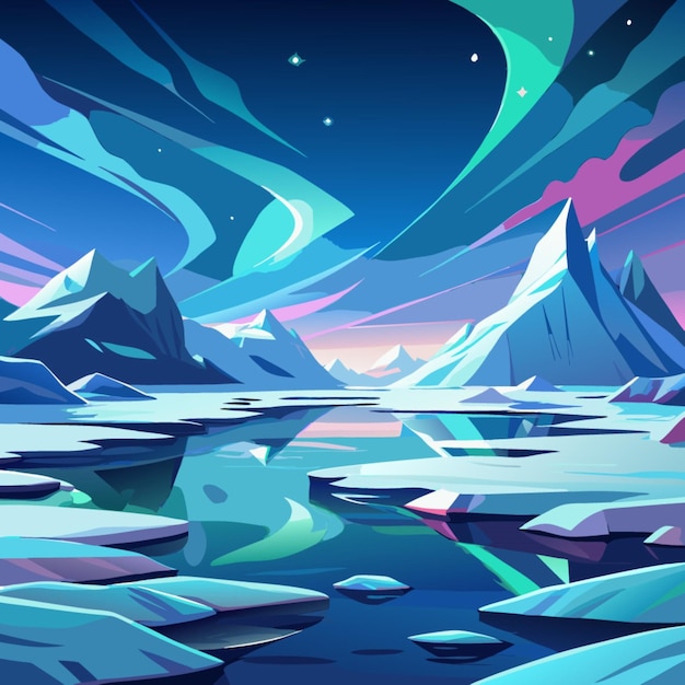 a painting of icebergs and mountains with the words  icebergs  on the bottom