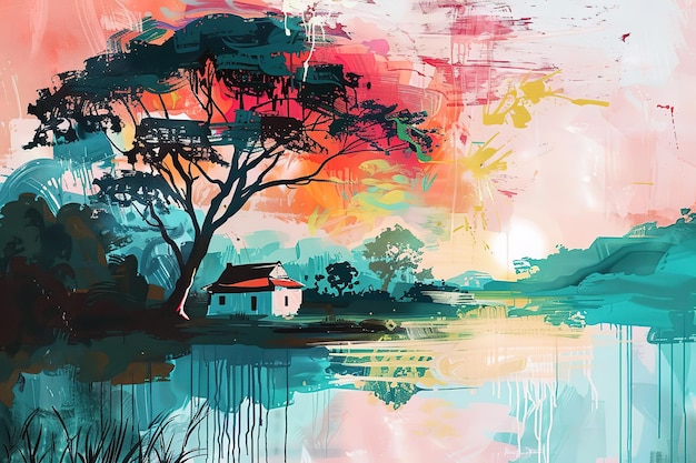 A painting is made with paint and brushes of a house near the river in the style of serene and tranq