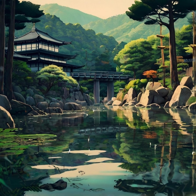 Vector a painting of a japanese temple with a tree in the background