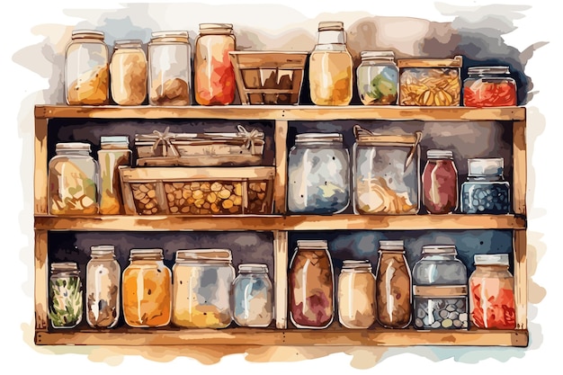 a painting of jars jars and jars of food on a shelf