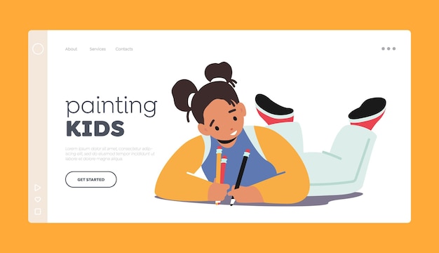 Painting Kids Landing Page Template. Little Girl Character with Colored Pencils Lying on Floor Create Pictures on Paper Album. Child Creativity Development. Cartoon People Vector Illustration