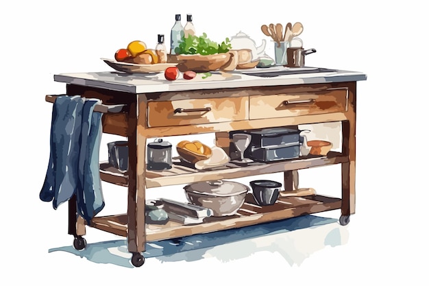 a painting of a kitchen table with a tray of food and a bottle of wine