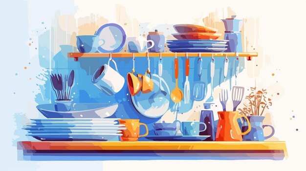 Vector a painting of a kitchen with a shelf full of dishes and plates