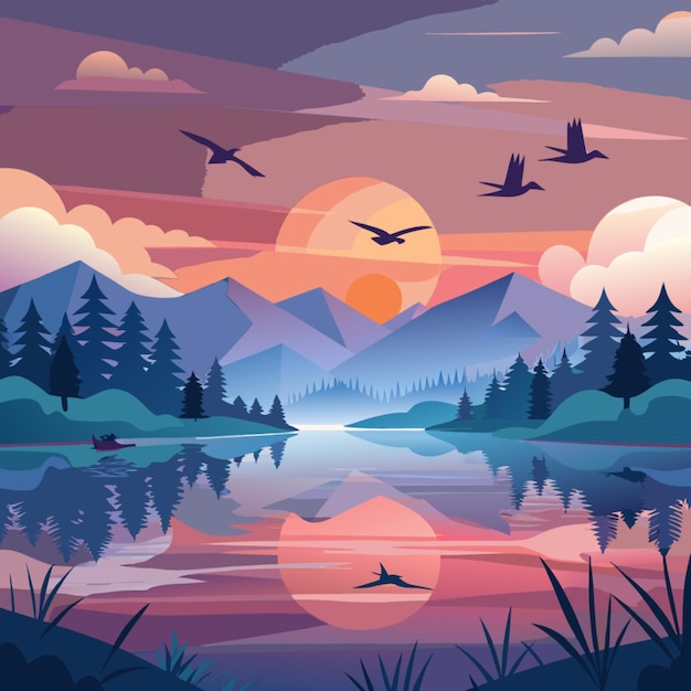 Vector a painting of a lake with birds flying over it and a lake with a mountain in the background