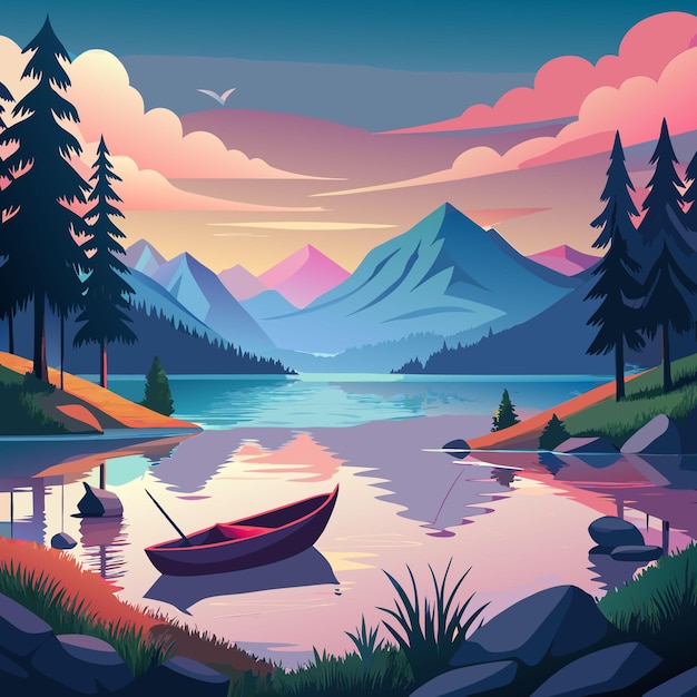 Vector a painting of a lake with a boat and mountains in the background