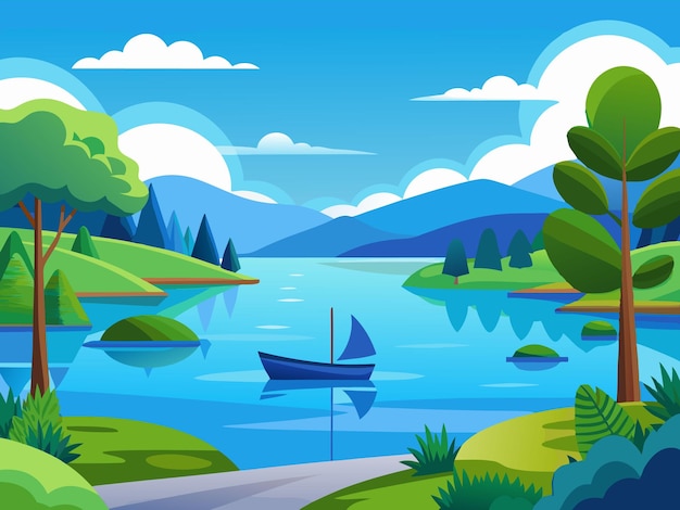 Vector a painting of a lake with a boat and trees