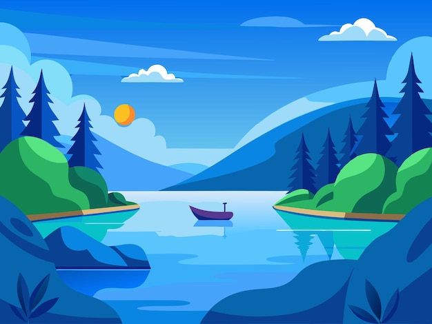 Vector a painting of a lake with a boat and trees