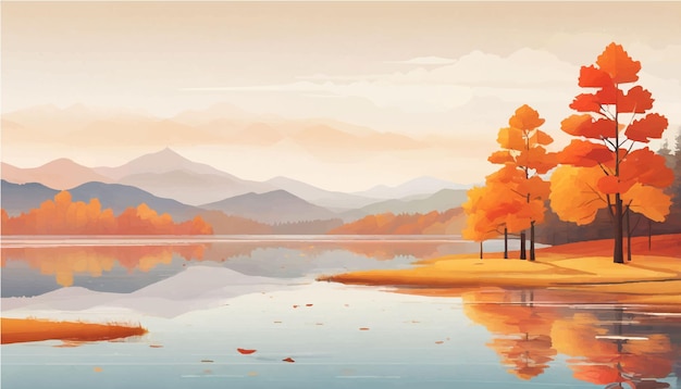 Vector a painting of a lake with a mountain and trees in the background