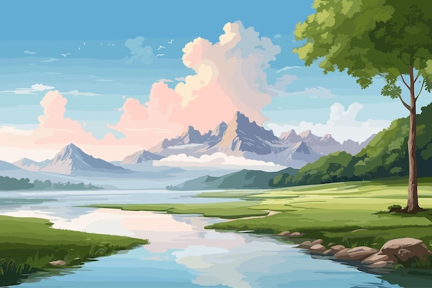 Vector a painting of a lake with mountains and trees in the background