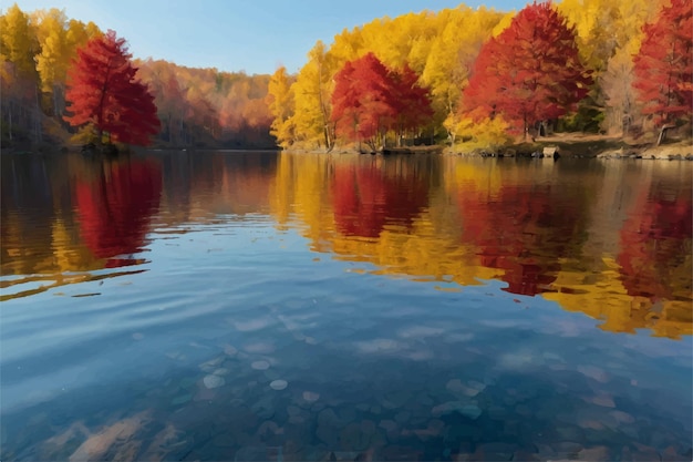 Vector a painting of a lake with trees in the background