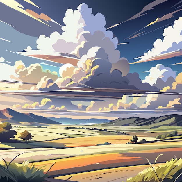 Vector a painting of a landscape with clouds and a field with a sunset in the background