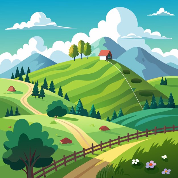 Vector a painting of a landscape with a farm and a farm house on the hill