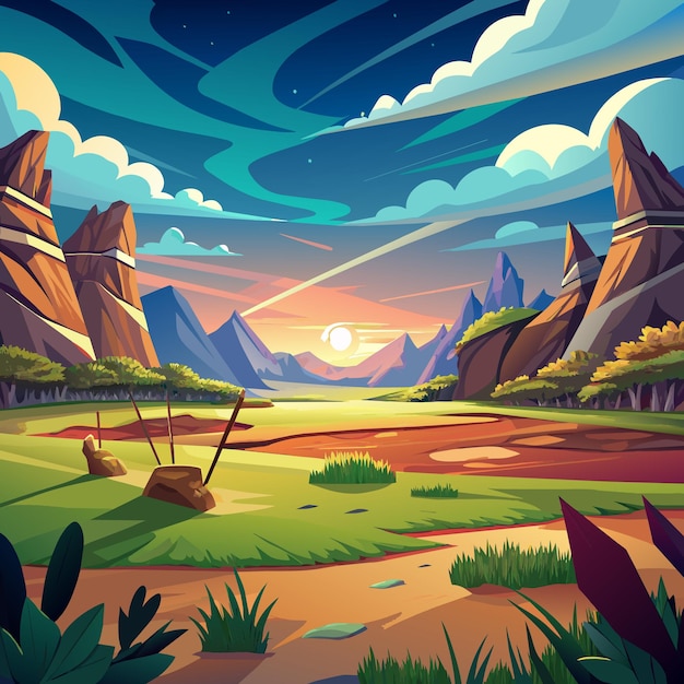 Vector a painting of a landscape with mountains and a river with a sunset in the background