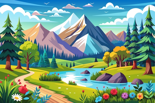 a painting of a landscape with mountains and trees