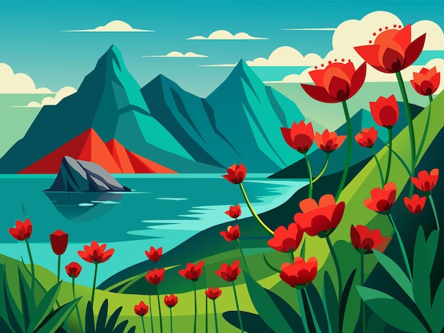 Vector a painting of a landscape with red flowers and mountains