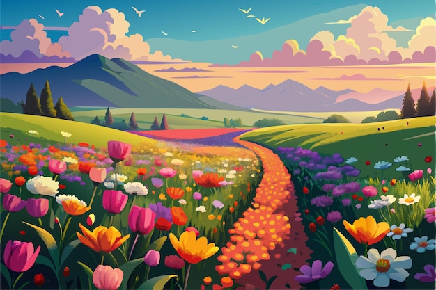 a painting of a landscape with a road and a field of flowers