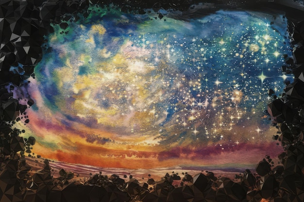 Vector a painting of a landscape with a sky full of stars and clouds