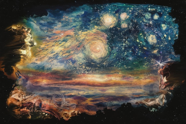 Vector a painting of a landscape with a sky full of stars and clouds