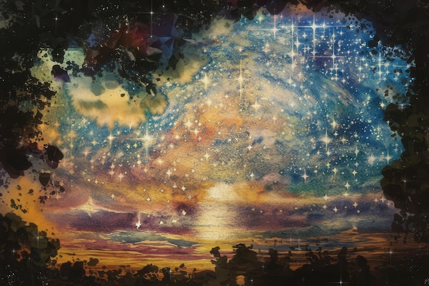 Vector a painting of a landscape with a sky full of stars and clouds