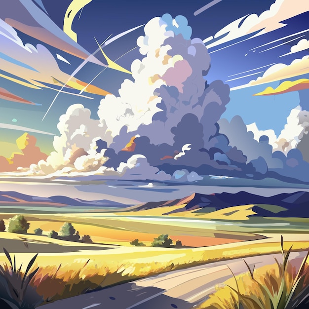 Vector a painting of a landscape with a sunset and clouds