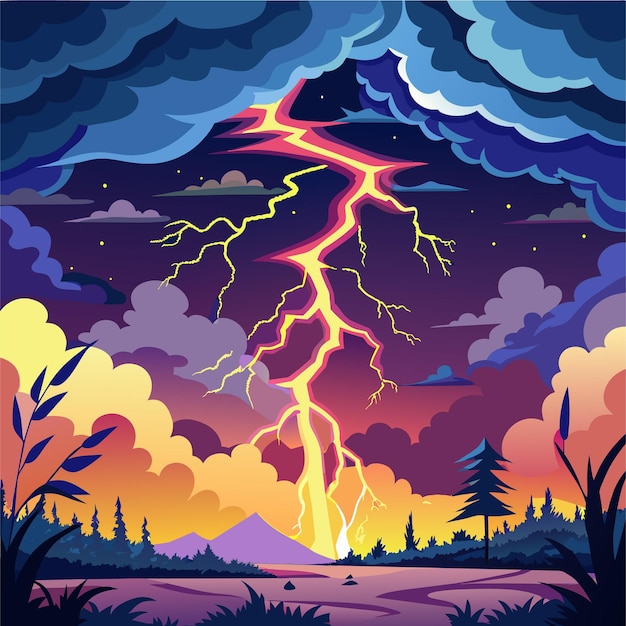 Vector a painting of lightning bolt and a sunset with a storm cloud