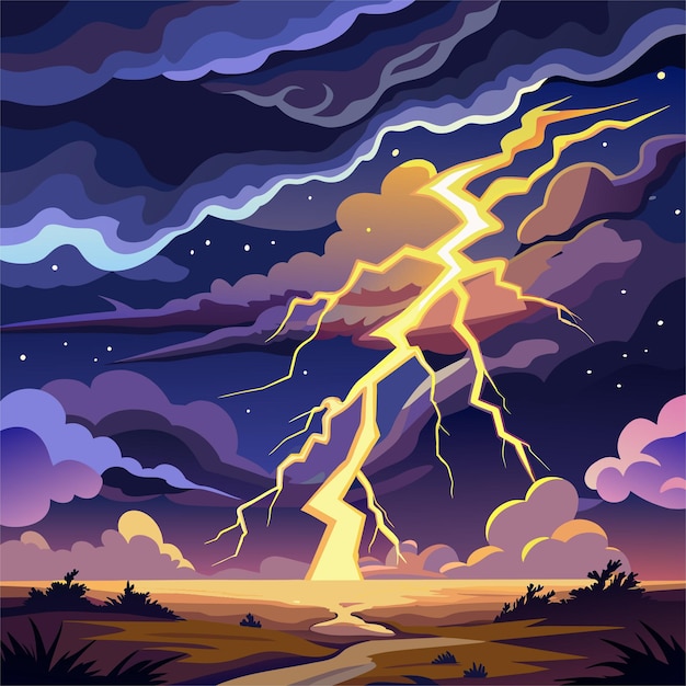 a painting of lightning bolt and a sunset with a storm cloud