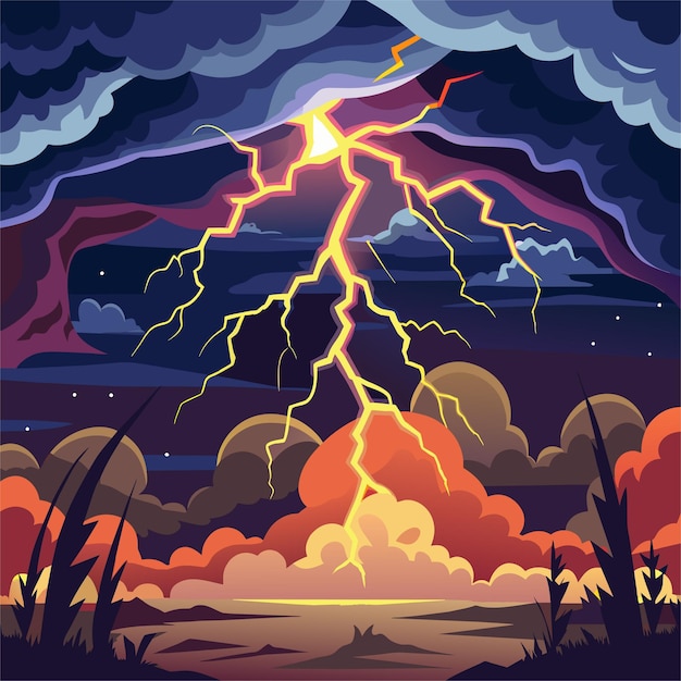 Vector a painting of lightning bolt and a sunset with a storm cloud