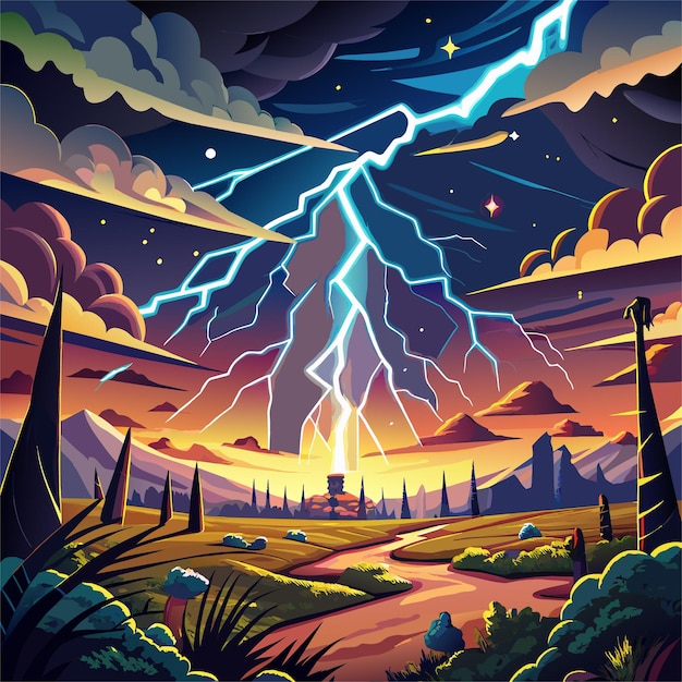 a painting of lightning bolt and a sunset with a storm cloud