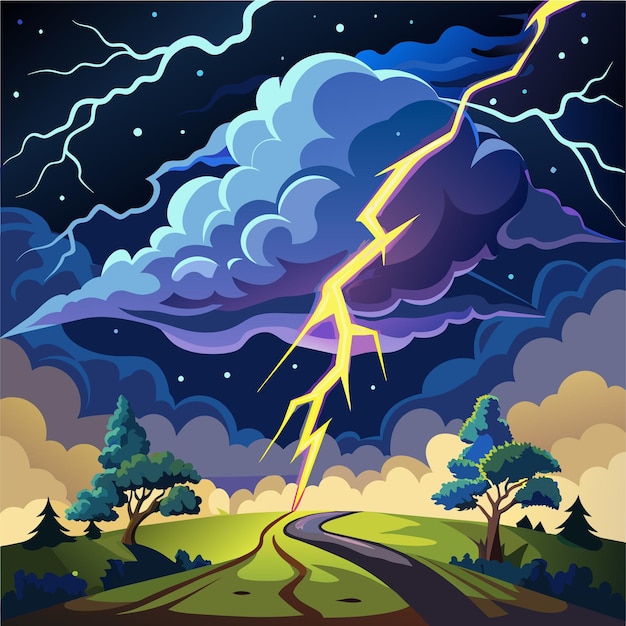 a painting of lightning bolt and a sunset with a storm cloud