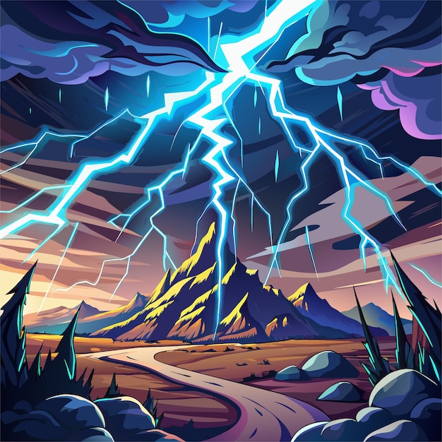 Vector a painting of lightning bolt and a sunset with a storm cloud