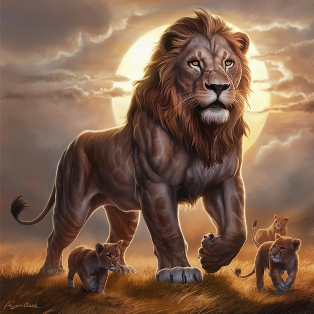 a painting of a lion and two cubs